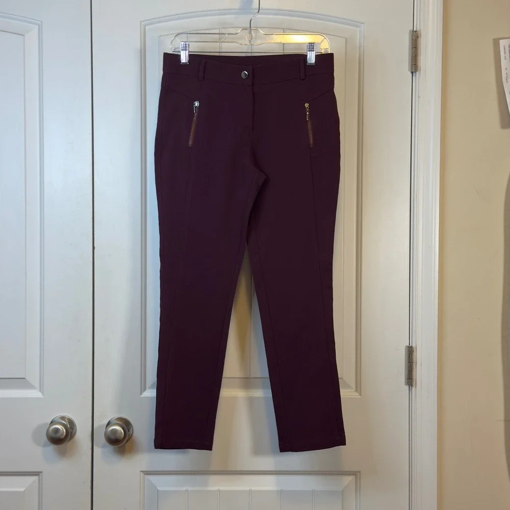 Esilla Women Plum Burgundy Crop Slim Fit Stretch Trousers Gold Zip Pockets Sz 6